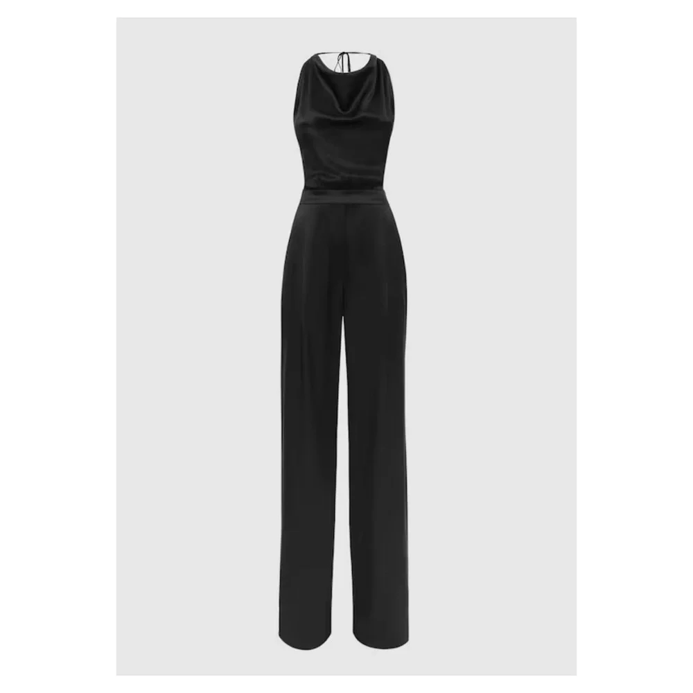 New! REISS Malia Cowl Neck Open Back Satin Jumpsuit In Black - Picture 5 of 11